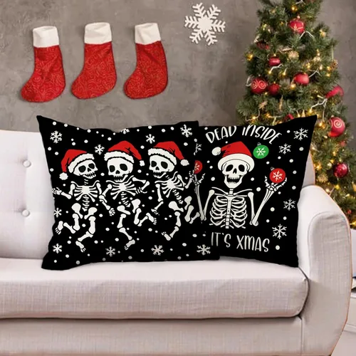 Miniatura 5 de Juego de 4 fundas de almohada decorativas de esqueleto gótico de Navidad de 18 x 18 pulgadas, diseño de calavera de Navidad, decoración del hogar al