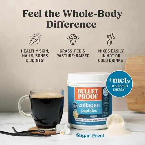 Miniatura 4 de Péptidos de colágeno con vainilla Bulletproof en polvo con aceite MCT, 17.6 onzas, proteína de colágeno alimentado con pasto para piel, huesos