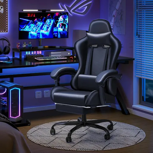 Miniatura 7 de JUMMICO Silla ergonómica para videojuegos con reposapiés y soporte lumbar de masaje, silla de videojuegos de altura ajustable con asiento giratorio