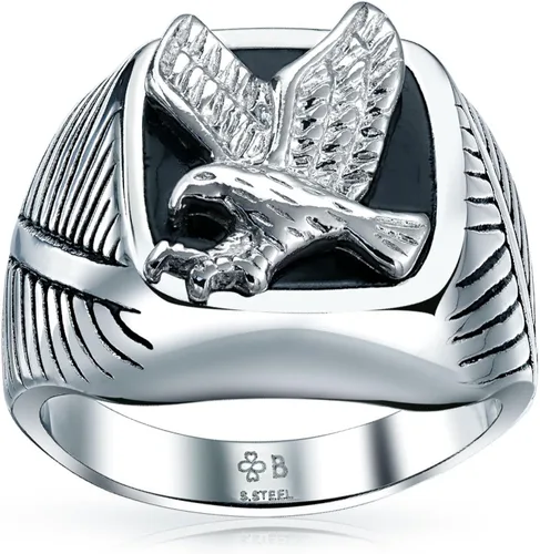 Miniatura 2 de Mens Large Statement Black Patriotic USA Flying American Bald Eagle Square Signet Ring for Men Gold Plated Silver Tone Stainless Steel