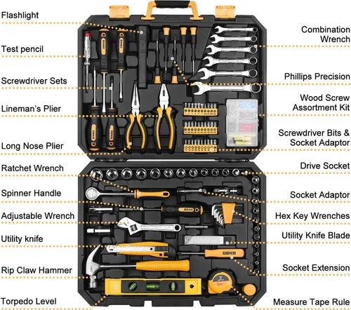 Miniatura 2 de DEKOPRO Juego de herramientas de 208 piezas, kit de herramientas manuales para el hogar, caja de herramientas de reparación automática con caja