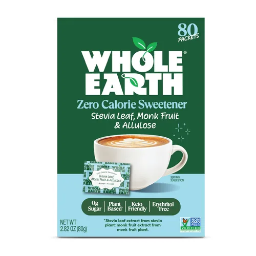 Whole Earth Stevia & Monk Fruit con paquetes edulcorantes de alulosa, 80 unidades, cero calorías, apto para dieta cetogénica