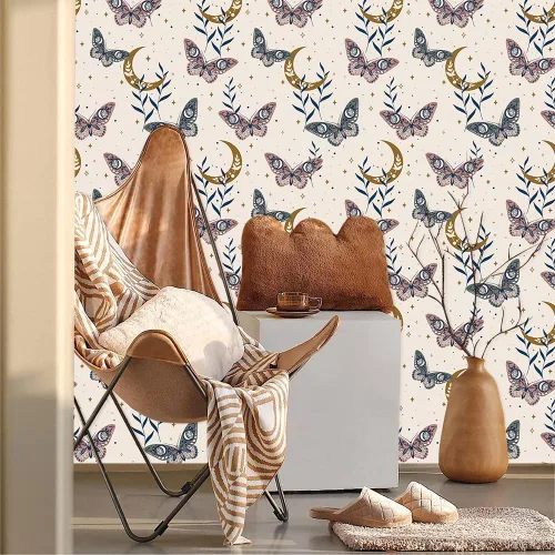 Miniatura 2 de MuralPeel Papel Tapiz Bohemio de Estrellas Doradas Luna Mariposa Hoja Despegar y Pegar Autoadhesivo Removible Fácil de Despegar Pegar en Papel