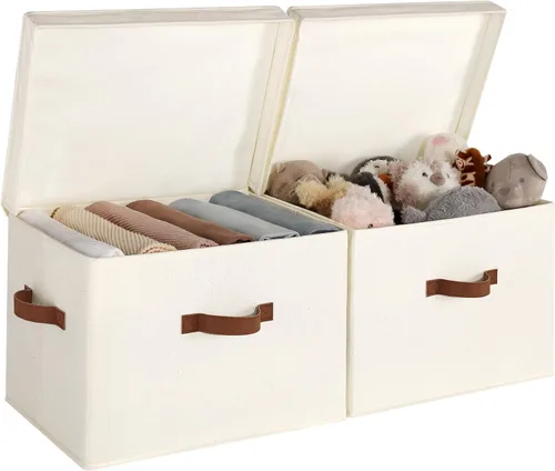 Miniatura 18 de StorageWorks Contenedores de almacenamiento de tela con tapa, cajas de almacenamiento decorativas para estantes, cesta organizadora de armario Beige