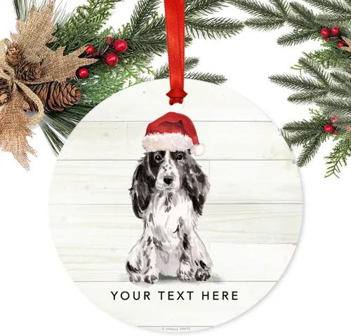 Miniatura 3 de Andaz Press Adorno de Navidad de metal personalizado para perro, perro y mascota, cocker spaniel con sombrero de Papá Noel, 1 paquete, incluye cinta