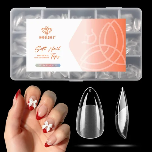 modelones Puntas de uñas cortas de almendra, 360 piezas pre-grabadas al ácido, uñas postizas transparentes suaves de presión, cobertura completa,