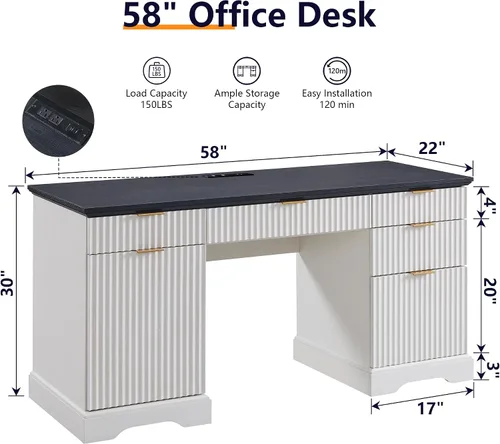 Miniatura 2 de JXQTLINGMU Escritorio ejecutivo moderno de 58 pulgadas con almacenamiento, escritorio de madera para oficina en casa con 5 cajones y 1 gabinete