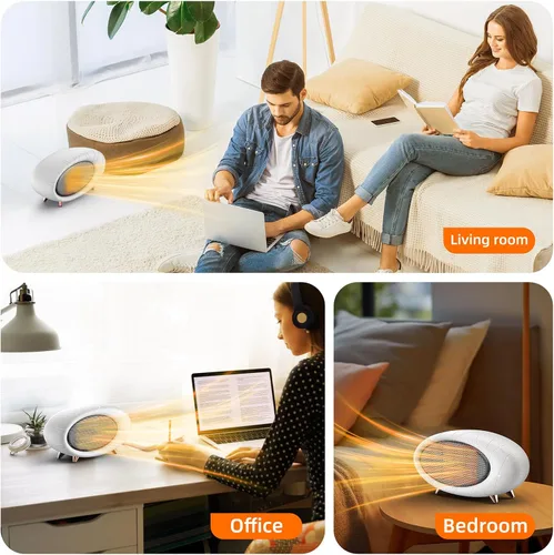 Miniatura 7 de Calentador de escritorio de 600 W pequeño con protección contra sobrecalentamiento y caídas, calentamiento rápido en cerámica PTC para uso en Blanco