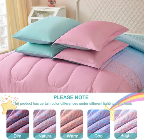 Miniatura 41 de Dinjoy Juego de edredón para niñas, tamaño individual, colorido, azul, rosa, morado, arcoíris, juego de ropa de cama de 6 piezas en una bolsa