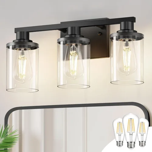Miniatura 24 de DORESshop Lámparas de baño, 3 luces negras y doradas para baño sobre espejo con pantalla de vidrio transparente, luces de tocador para baño, Negro