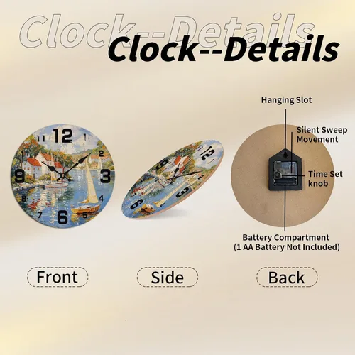 Miniatura 5 de Coastal Harbor Painting Wooden Wall Clock with Nautical Scene 25x25cm
