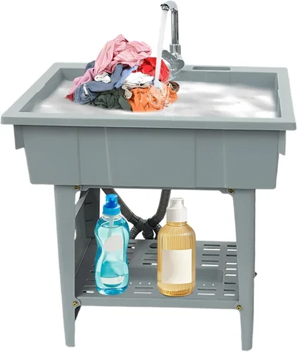 Fregadero de plástico independiente con tabla de lavar y grifo de agua fría caliente giratorio de 360 °, lavabo de lavandería para lavadero, Gris