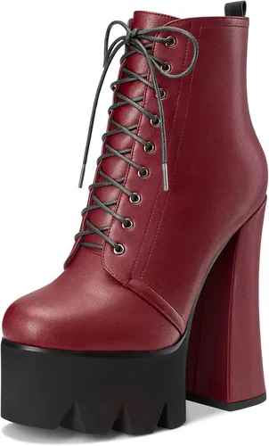 Miniatura 21 de HDEUOLM Botas de tobillo con tacón alto de bloque grueso para mujer, puntera redonda, botines cortos con cordones y cremallera, zapatos clásicos