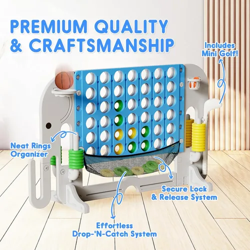 Miniatura 4 de Giant 4 in a Row Connect Game, Adjustable Height (2.6FT-4.3FT) Jumbo 4-to-Score Yard Game Set with Basketball, Golf & Ring Toss, Elephant Design