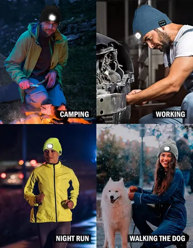 Miniatura 5 de Gorro Bluetooth con 4 luces LED, recargable por USB, con auriculares, gorro con altavoces estéreo y micrófono, para iluminar por la noche, gorro