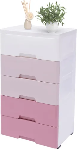 Armario de almacenamiento de plástico de 5 niveles con 5 cajones, armario vertical de almacenamiento de ropa, ahorro de espacio, para el hogar, rosa