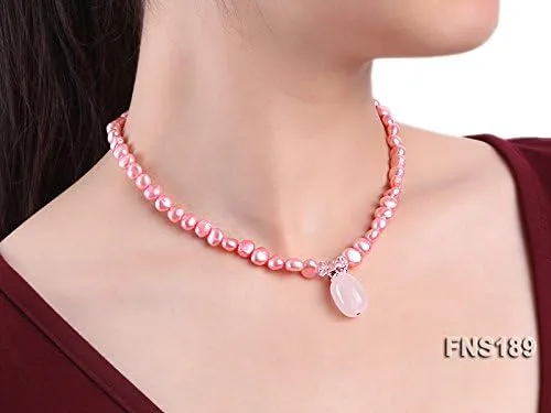 Miniatura 3 de JYX - Collar con colgante de perlas de 6 a 0.276in, perlas barrocas rosas y cuarzo rosa, 16.5in