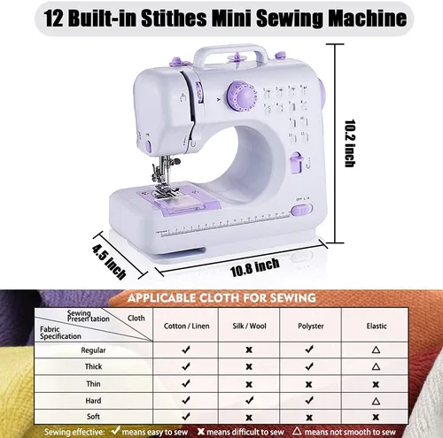 Miniatura 6 de Rxmeili Máquina de coser portátil mini, máquina de coser eléctrica para principiantes, 12 puntadas integradas, 2 velocidades con pedal, luz, cajón