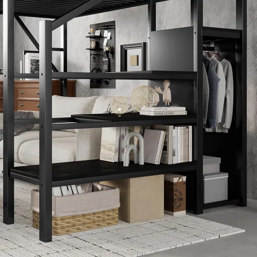 Miniatura 5 de KEIKI Base de cama de metal tamaño individual con escalera convertible, estantes de almacenamiento integrados y armario, cama alta con listones