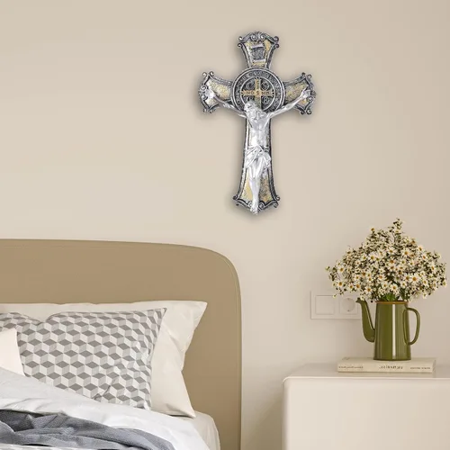 Miniatura 5 de Taprion Crucifijo de pared - Arte de pared de resina de San Benito - Cruz dorada de 10 pulgadas da bendición y lo sagrado espiritual: regalo de fe