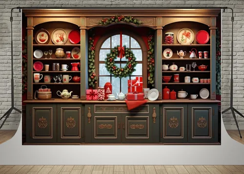 Kate Gabinetes rojos de comedor de 7 x 5 pies, platos de cocina, fondos de fotografía de Navidad, aparadores vintage para interiores, decoración de