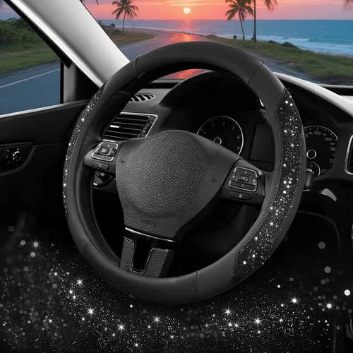 Miniatura 11 de PIC AUTO Funda para volante, purpurina de cristal brillante con cuero negro, ajuste universal de 14.5 a 15.5 pulgadas para volantes de automóvil