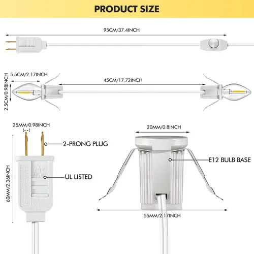 Miniatura 6 de Cable accesorio con bombillas LED, cable blanco de 14.8 pies con lámpara C7, enchufe de interruptor de encendido/apagado, fusibles de repuesto