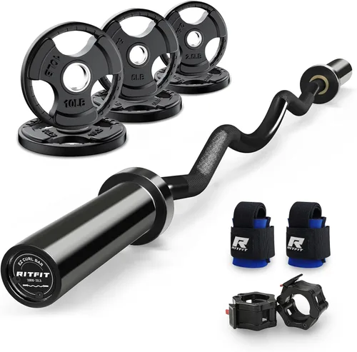 Miniatura 11 de RitFit Barra de rizo EZ de 2 pulgadas con pesas, barra olímpica de capacidad de 350 libras para bíceps y tríceps, entrenamiento de fuerza