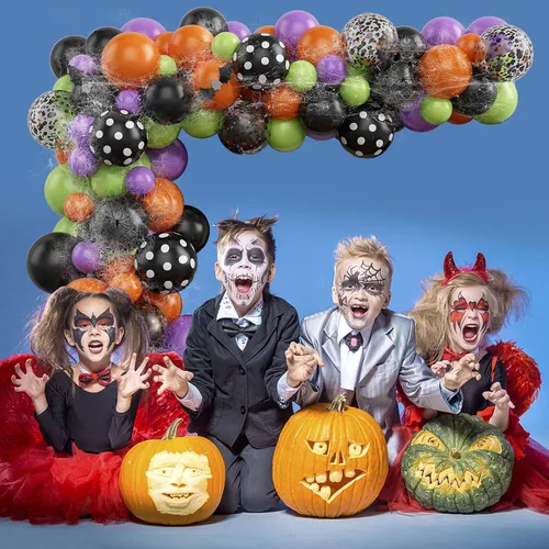 Miniatura 5 de Kit de arco de globos de Halloween de 155 piezas, kit de guirnalda de globos de color negro, naranja, morado y verde, con arañas de telaraña
