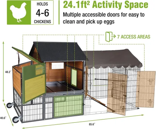 Miniatura 6 de GUTINNEEN Gallinero móvil mejorado con marco de metal todo el alrededor, gallinero grande con ruedas súper grandes para 6 a 8 pollos, 6 cajas