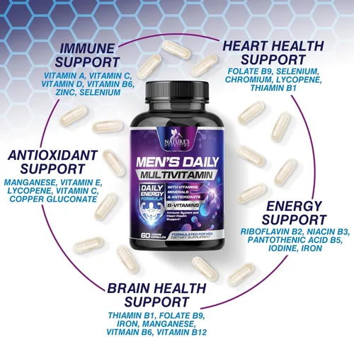 Miniatura 6 de Multivitamínico para hombres, suplemento avanzado con fórmula de espectro completo, vitaminas esenciales A, C, D, E y zinc, vitaminas B de alta