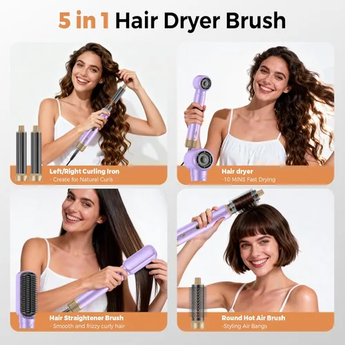 Miniatura 2 de Cepillo secador de pelo 5 en uno con pantalla LCD, cepillo de secado de pelo mejorado para rizar el aire, cepillo redondo iónico para mujeres