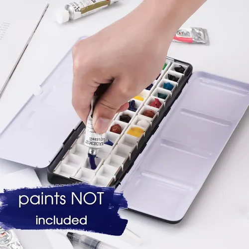 Miniatura 5 de PEVART Paleta de pintura de acuarela vacía, caja de metal con 37 medias bandejas de color de agua y paleta plegable, bandeja de pintura de estaño