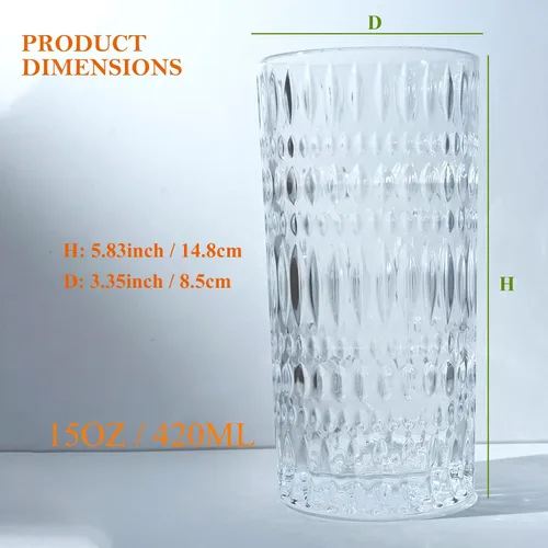Miniatura 2 de Vasos Highball [Juego de 4] - Vasos de vidrio vintage de 15 onzas ideales para fiestas de cena - Textura única, aptos para lavavajillas