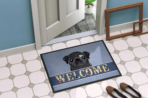 Miniatura 4 de Caroline's Treasures BB1449JMAT - Tapete de bienvenida de carlino negro, 24 x 36 pulgadas, tapete azul para puerta delantera, para interiores y Pug