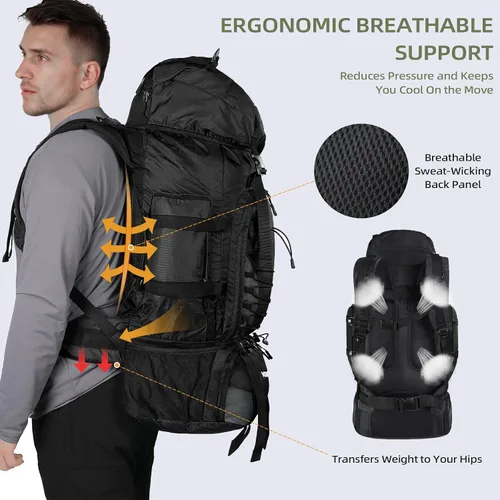 Miniatura 5 de Mochila de senderismo, mochila de campamento de 90 L, resistente al agua, ligera, para deportes al aire libre, bolsa de viaje para camping, Negro