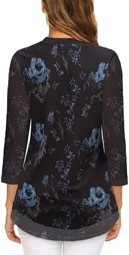 Miniatura 2 de Supnier Blusas elegantes para mujer, manga 34, cuello en V, con estampado floral, camisas de malla, ajuste holgado