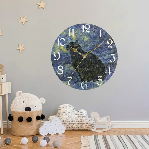 Miniatura 4 de Naanle Reloj de pared redondo con diseño de gato con pintura al óleo, Van Gogh, silencioso, sin tictac, funciona con pilas, para decoración