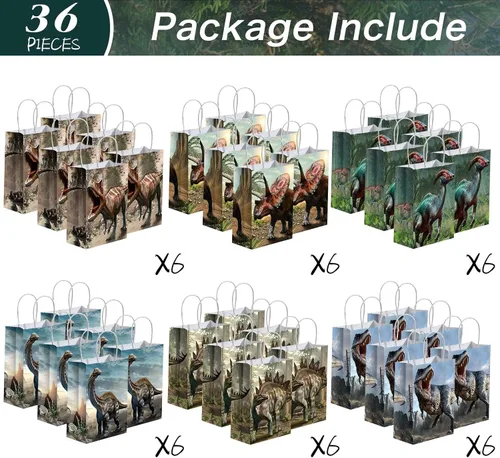 Miniatura 2 de Funrous Bolsas de regalo de fiesta de dinosaurio con mango, bolsas de papel para golosinas de dinosaurio con asas, paquete de papel para golosinas