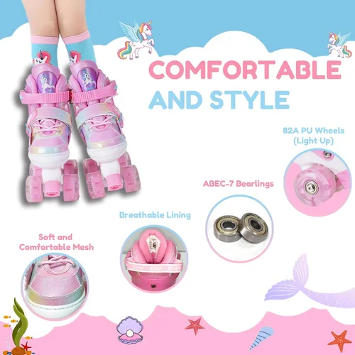 Miniatura 4 de Patines de ruedas para niñas de 3 a 12 años, patines ajustables con luz para niños pequeños, principiantes, unicornio, sirena, arco iris, regalo Rosa