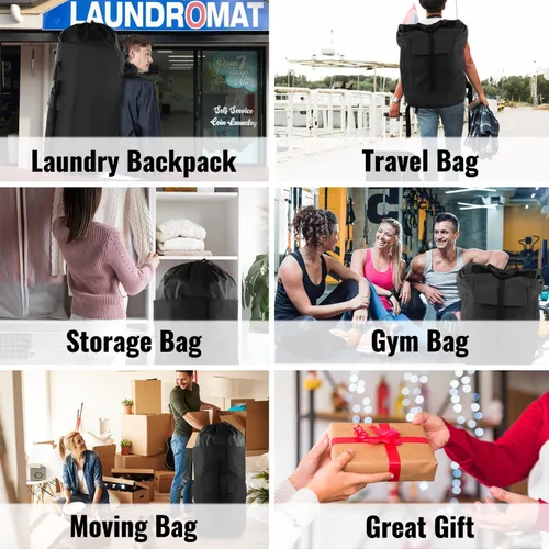Miniatura 7 de JOINPRO Mochila Bolsa de Lavandería, 125L, extra grande con correas para el hombro, diseño ajustable y extensible, cesta de 3 bolsillos para Negro