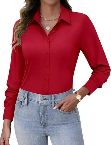 Miniatura 8 de HOTOUCH Camisas con botones para mujer, de manga larga, elásticas, sin arrugas, blusas de trabajo, ajustadas, para la oficina