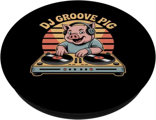 Miniatura 2 de DJ Groove Pig Retro DJ Turntable Sunset Vibes PopSockets Adhesive PopGrip