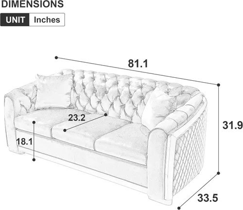 Miniatura 2 de KEIKI Sofá Chesterfield de terciopelo de lujo de gran tamaño de 81 pulgadas con decoración de acero inoxidable dorado, sofá de 3 plazas