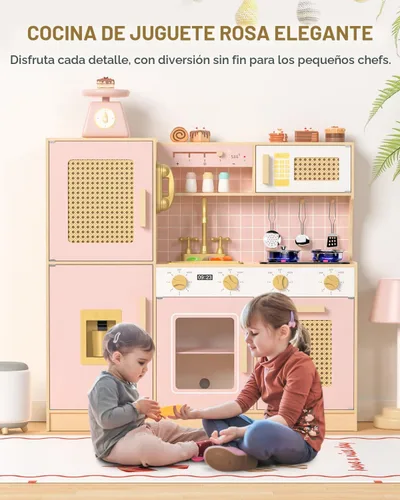 Miniatura 2 de Babytronic Juego de cocina de madera para niños - Cocina de juego rosa con luces y sonidos, cocina de juguete estilo retro para niños pequeños de 3