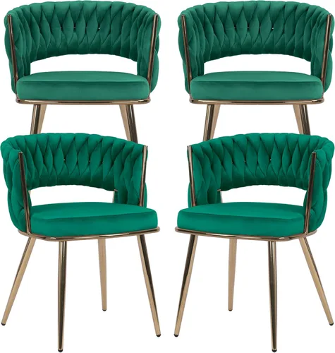 Miniatura 12 de KCC Juego de 2 sillas de comedor modernas de terciopelo, sillas tapizadas para sala de estar con respaldo tejido y patas de metal dorado, silla