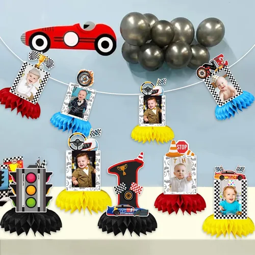 Miniatura 5 de Suministros de Fiesta de Cumpleaños de Coche de Carreras de 1 Año, Decoraciones de Cumpleaños Rápidas Centro de Mesa con Diseño de Panal de Abeja