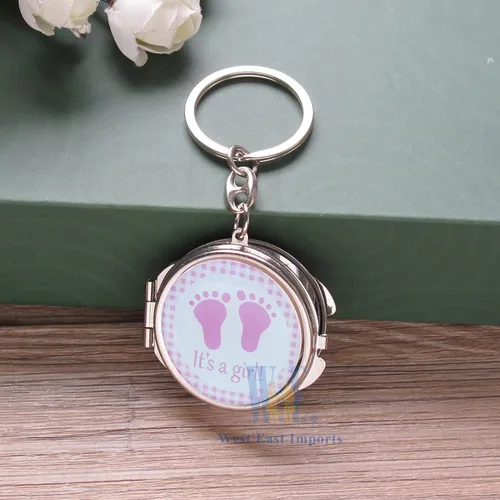 Miniatura 5 de 12 llaveros personalizados para baby shower con espejo rosa para niña, con diseño de huella de bebé, regalo personalizado grabado