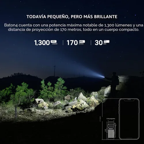 Miniatura 3 de OLIGHT Baton4 Linterna EDC recargable, luz de bolsillo LED de 1300 lúmenes con cable de carga magnético, 6 modos, IPX8 impermeable para el hogar