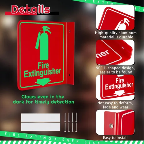Miniatura 3 de Barydat Paquete de 4 letreros de extintor de incendios que brillan en la oscuridad con flecha hacia abajo de 6 x 6 pulgadas, extintor de incendios